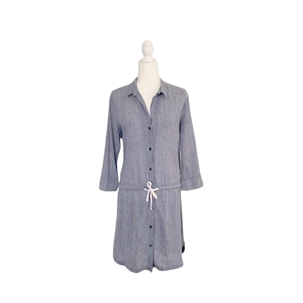 James Perse Linen Button Down Mini Shirt Dress Blue White Size 3 Large